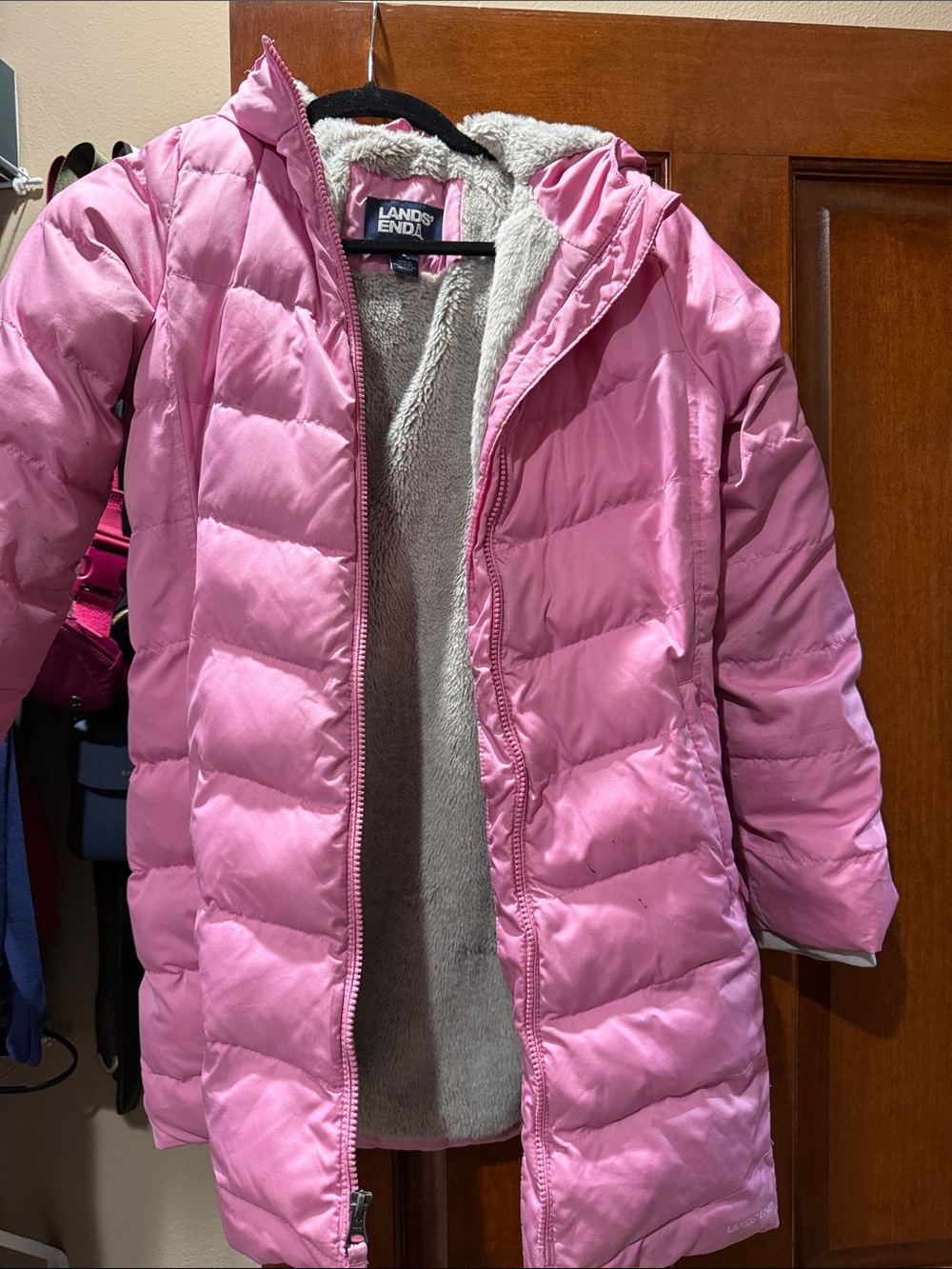 Lands' End Kids' Pink Puffer Coat with Sherpa Hood